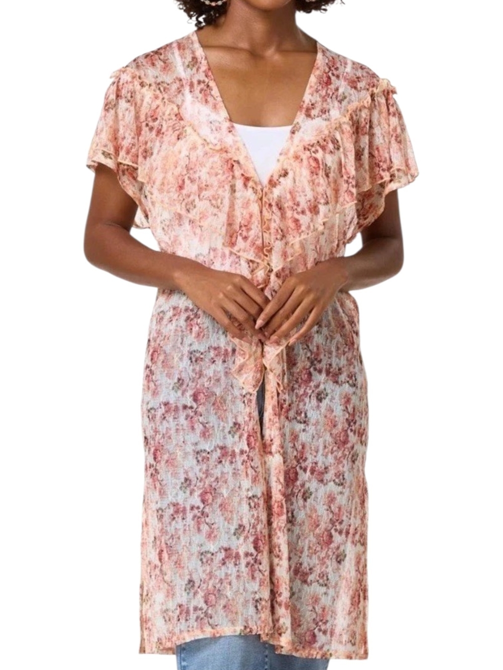 Cato | Lace Floral Ruffle Duster Kimono Top Cardigan Coral Sheer Short Sleeves